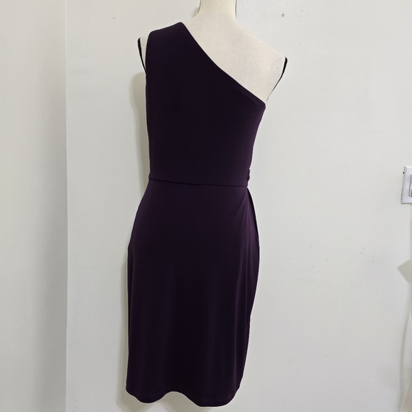 CALVIN KLEIN size 6 Stretch Zip Ruched One Shoulder Embellished Dress Purple - Picture 9 of 16